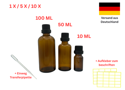 Tropfflaschen Braunglas mit Tropfeinsatz Dropper + 10ml 50ml 100ml +